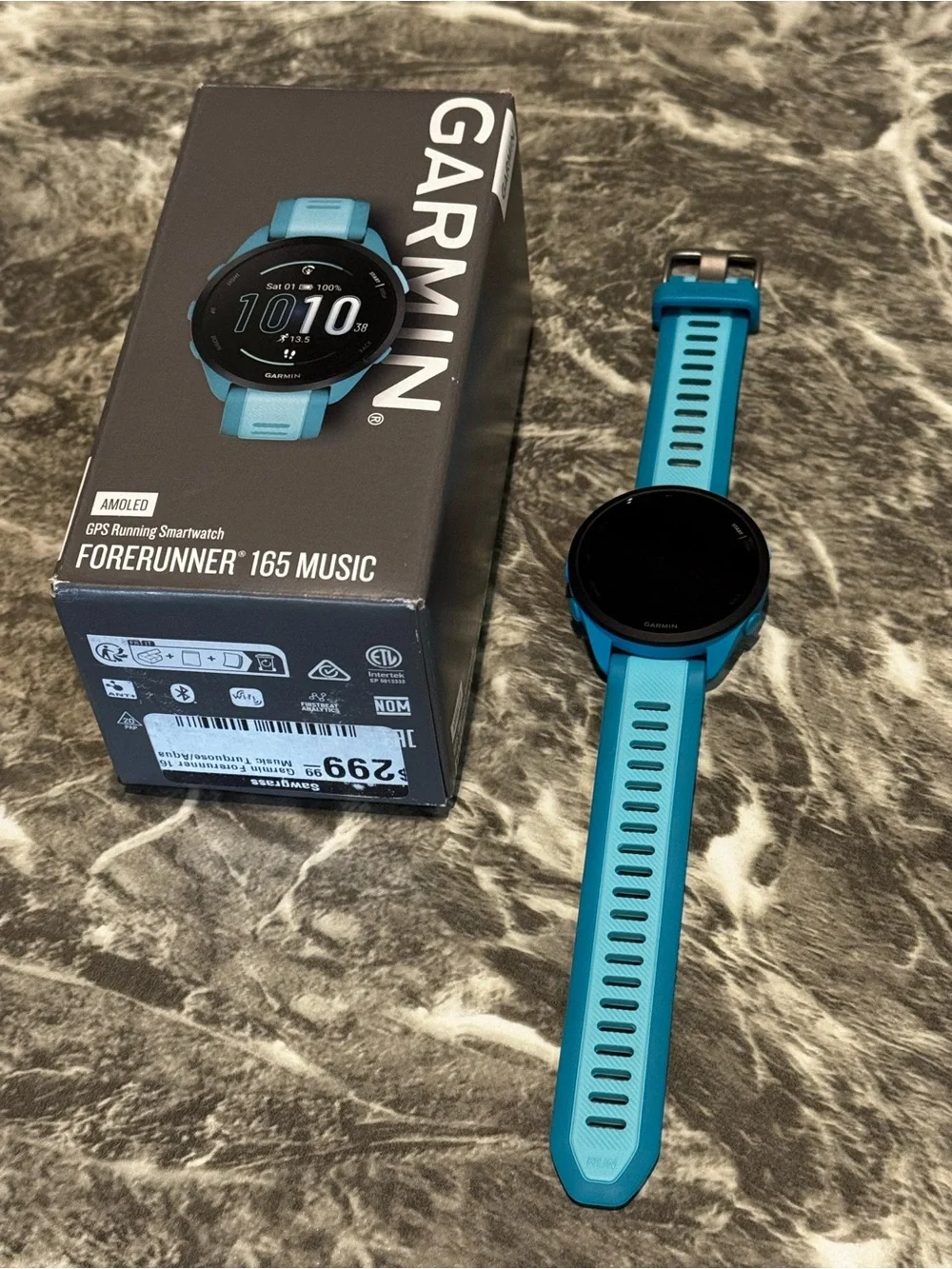 garmin Forerunner 165 Music GPS Smartwatch - Teal/Blue Strap